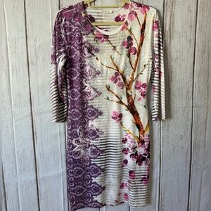 S-TWELVE Floral Mixed Print 3/4 Sleeve Rhinestone Embellished Sheath Dress M